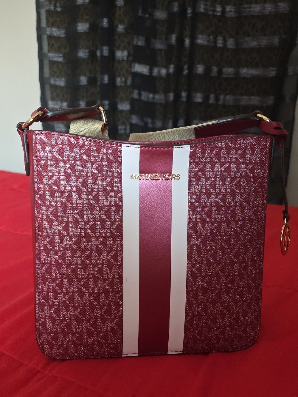 Michael Kors Burgundy Signature Crossbody with White Stripe